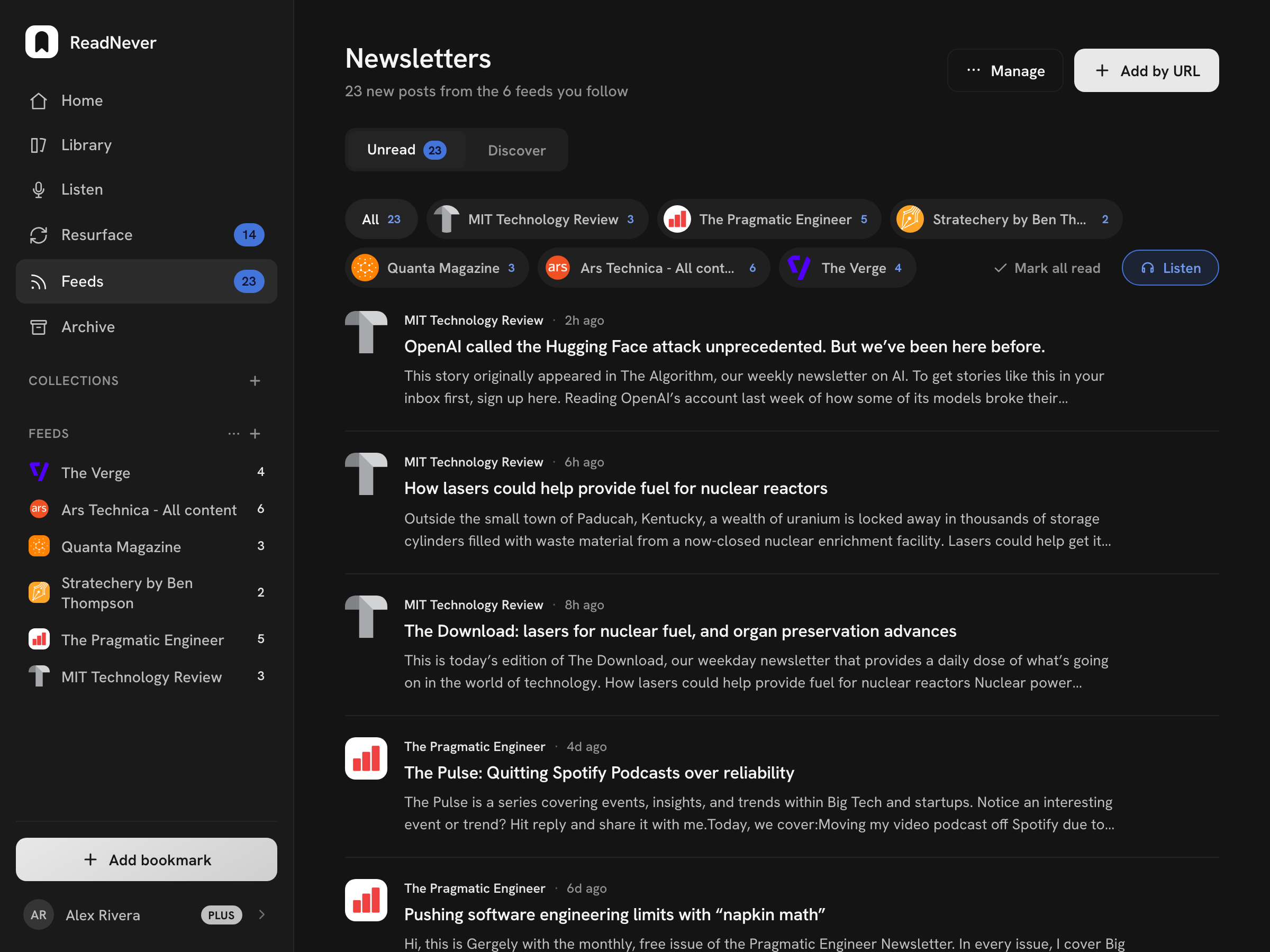 The newsletters inbox: unread posts from the feeds you follow, grouped by source