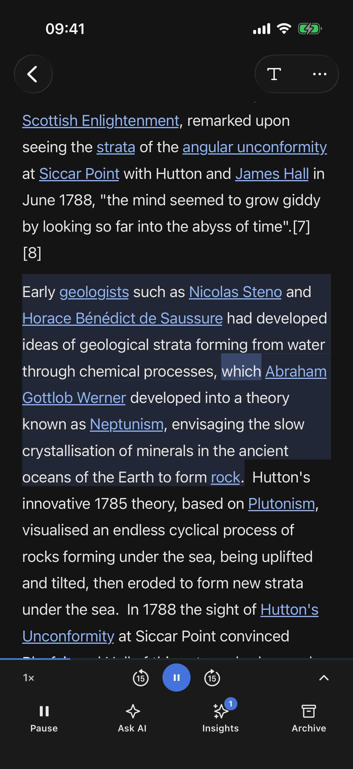An article being read aloud on iPhone, the spoken words highlighted in the text as the player runs