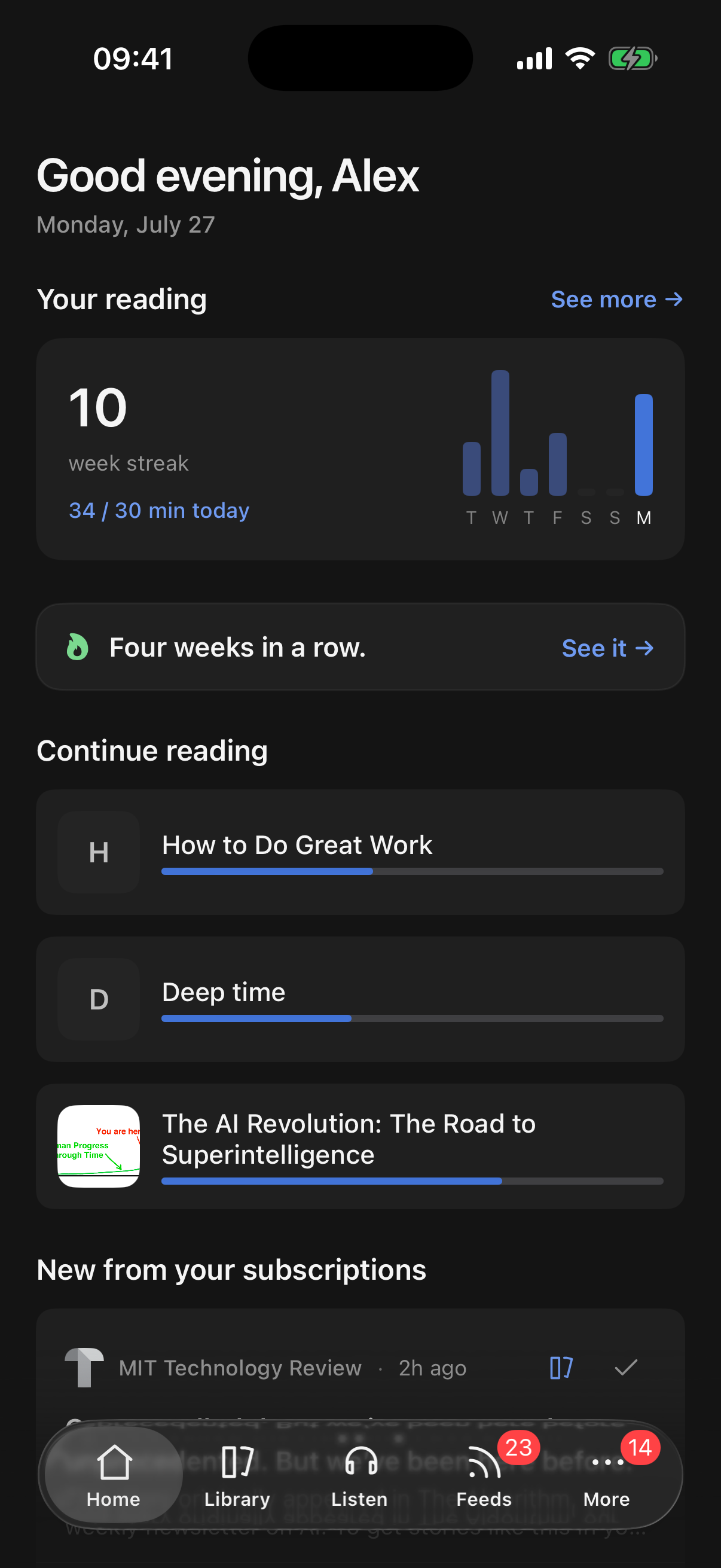 ReadNever on iPhone, showing the same reading progress and saved articles