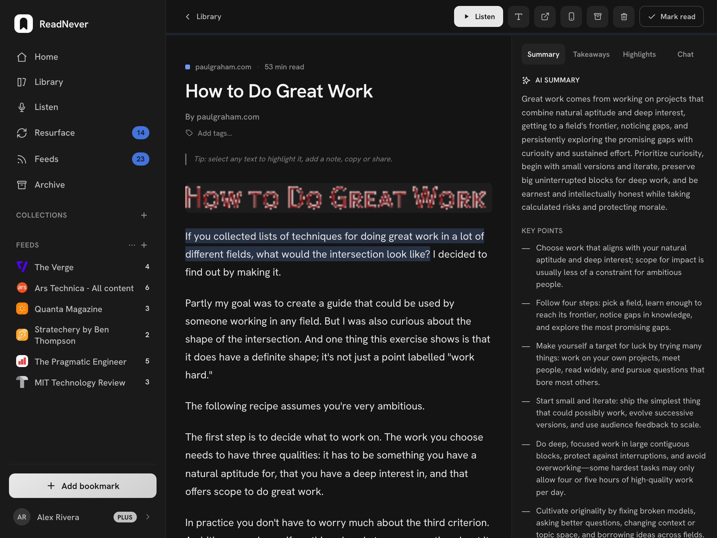 The reading view, with an AI summary and key points beside the article