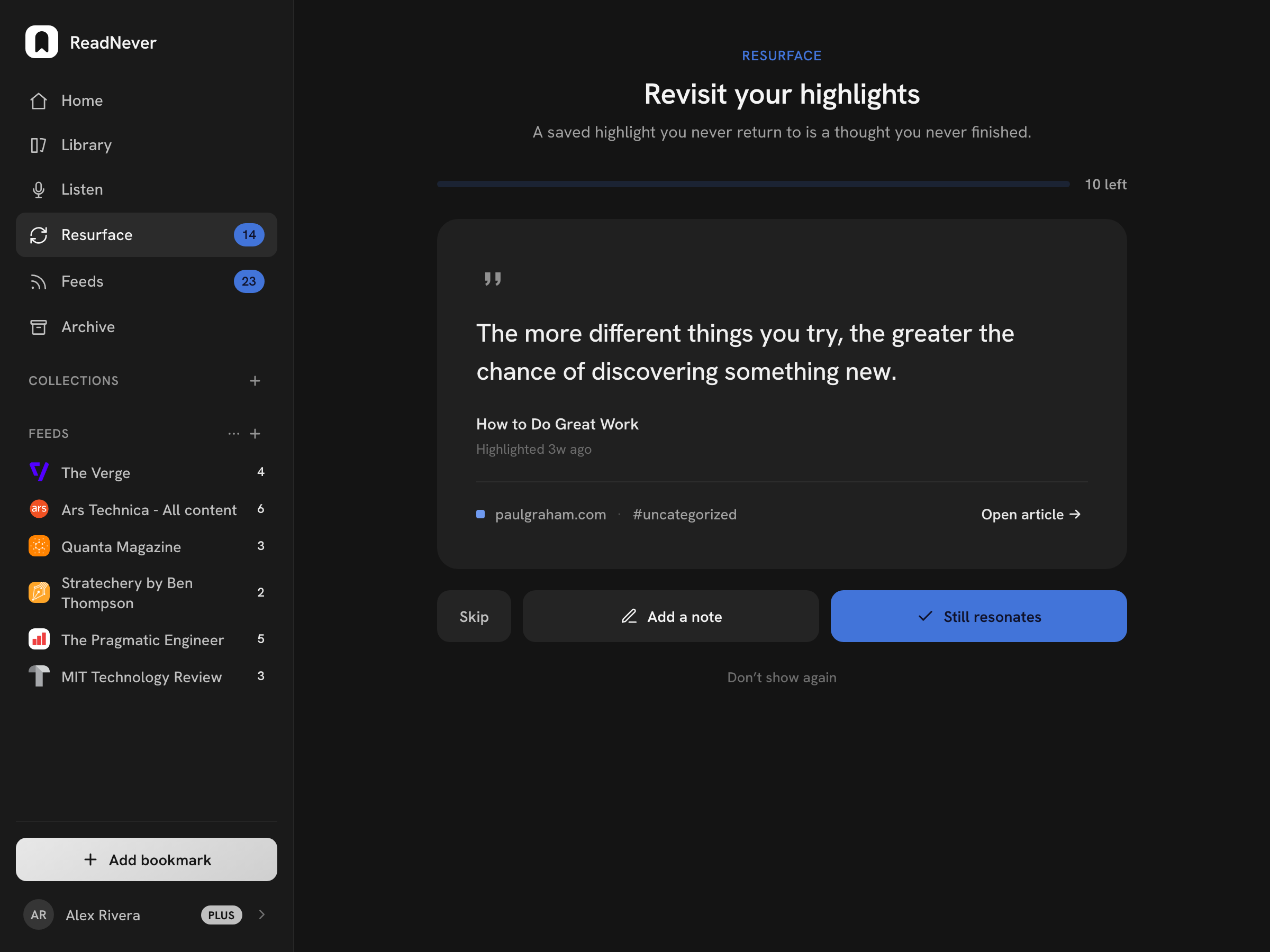A saved highlight resurfacing for review, with keep and later options