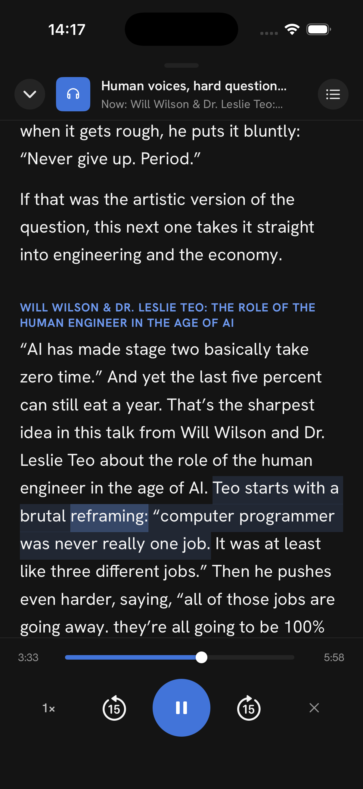 Listening to a generated episode with the transcript synced to the audio